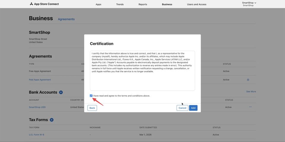 App Store Connect — чекбокс підтвердження та кнопка Add