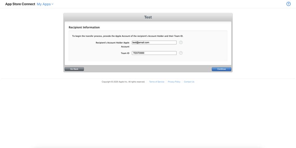 Форма Recipient Information — вводимо Apple Account і Team ID отримувача