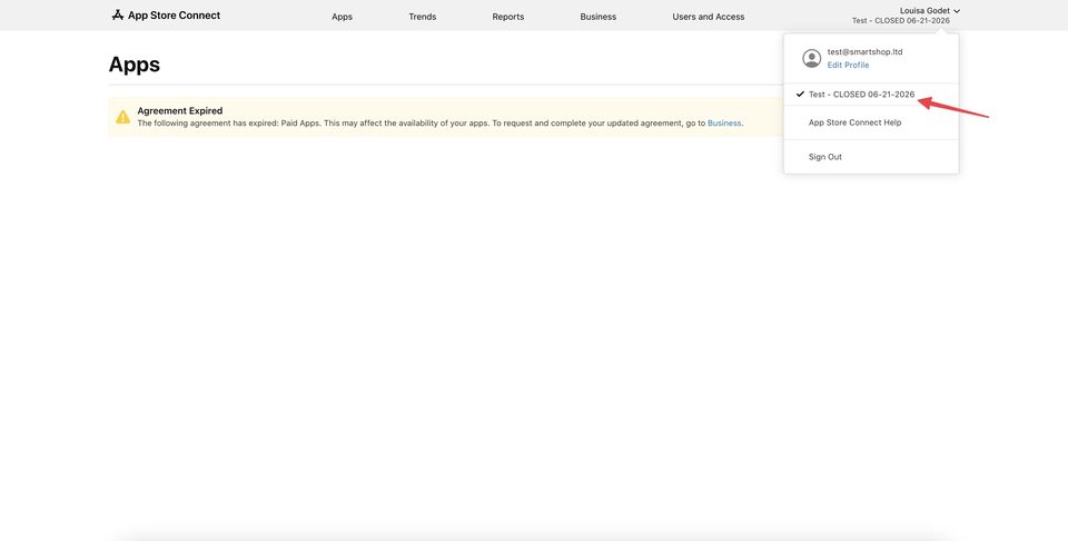 App Store Connect — CLOSED status next to the Developer account after Notice of Termination