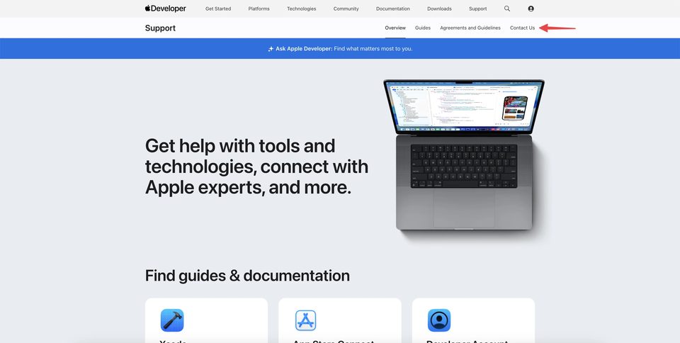 Apple Developer Support page with Contact Us option — available during Pending Termination Notice