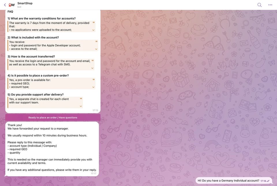 SmartShop Telegram bot — placing an order