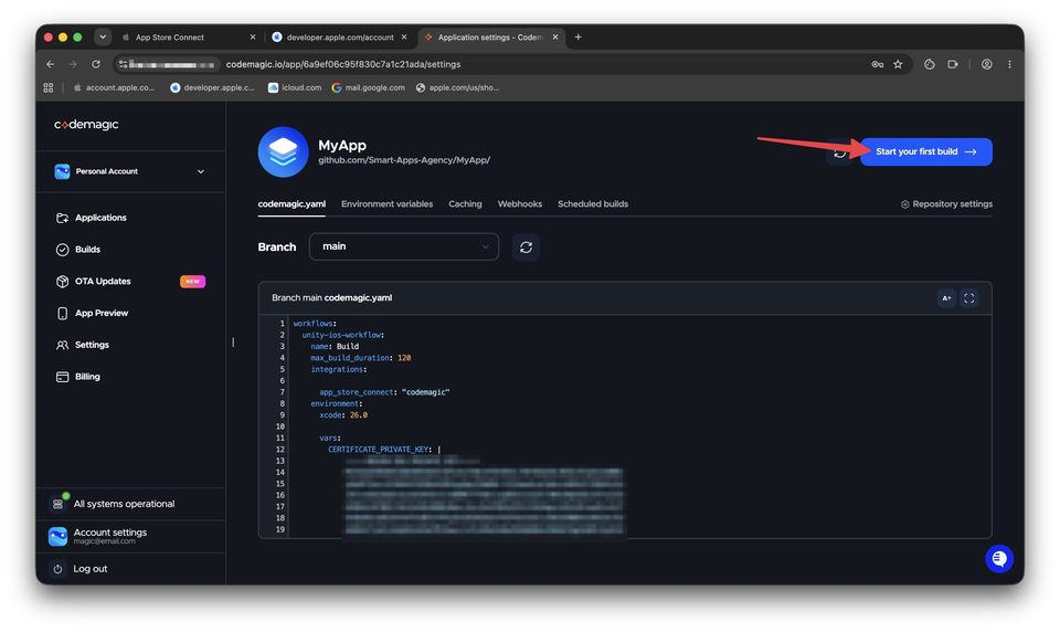Запуск сборки через Codemagic — шаг 1