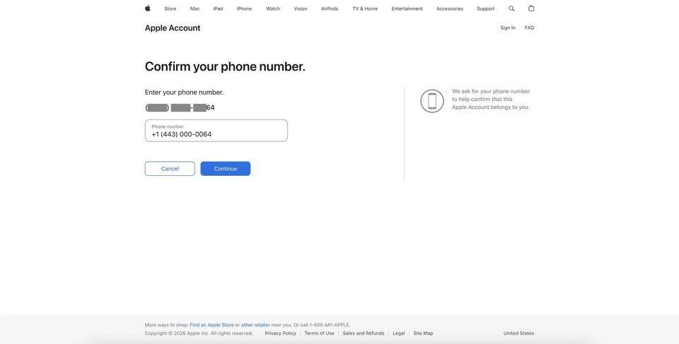 Екран Confirm your phone number — введення старого довіреного номера для підтвердження права власності на Apple Account