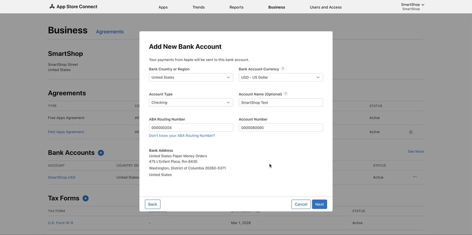 App Store Connect — заповнена форма та адреса банку