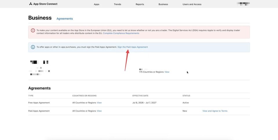 App Store Connect — страница Agreements, переход к Paid Apps Agreement