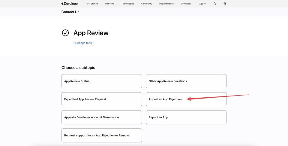 Selecting Appeal an App Rejection in App Review subtopics to submit a Developer account appeal