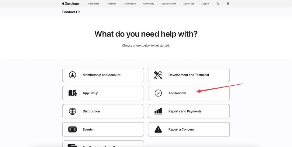 App Review in the Contact Us menu — selecting the topic to submit an appeal for Pending Account Termination