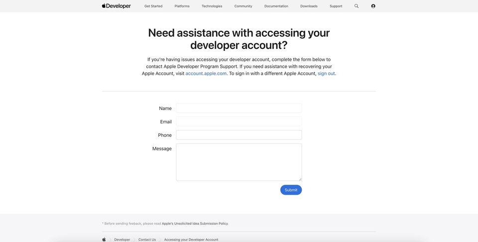 Need assistance with accessing your developer account form on Apple Developer — contact channel after Notice of Termination