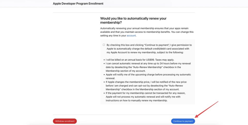 Apple Developer Program Enrollment — Continue to payment button