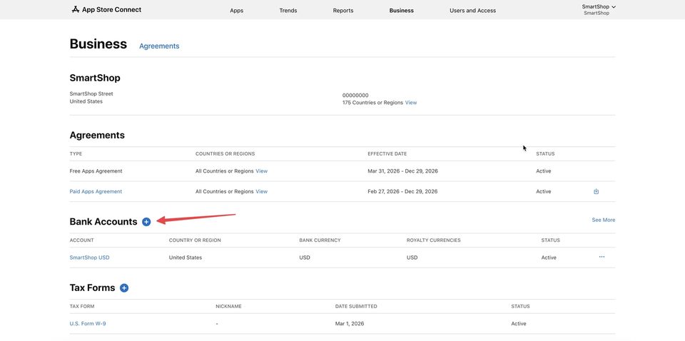 App Store Connect — розділ Bank Accounts і кнопка «+» для додавання реквізитів
