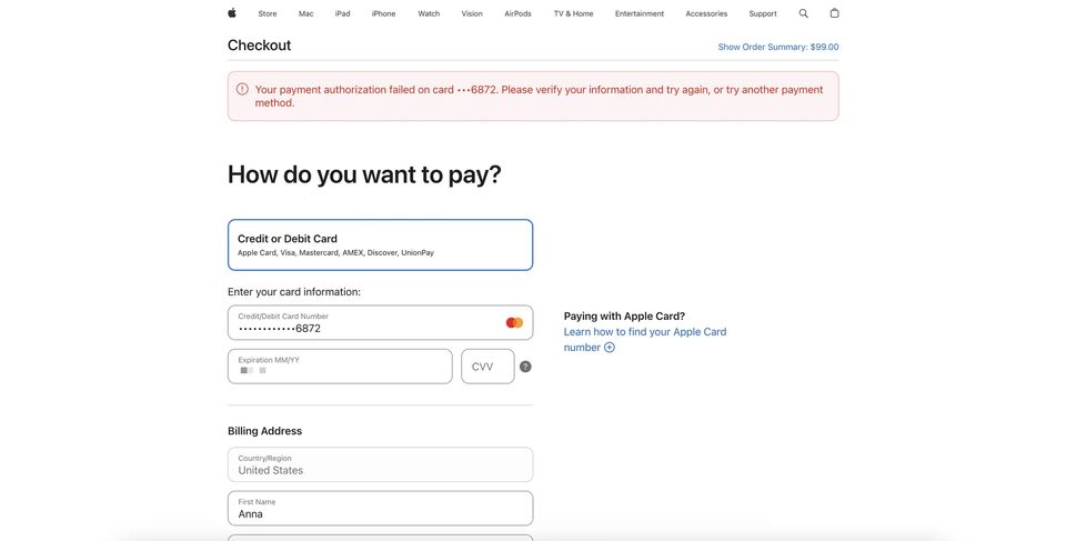 Apple Store Checkout — Payment Authorization Failed error message
