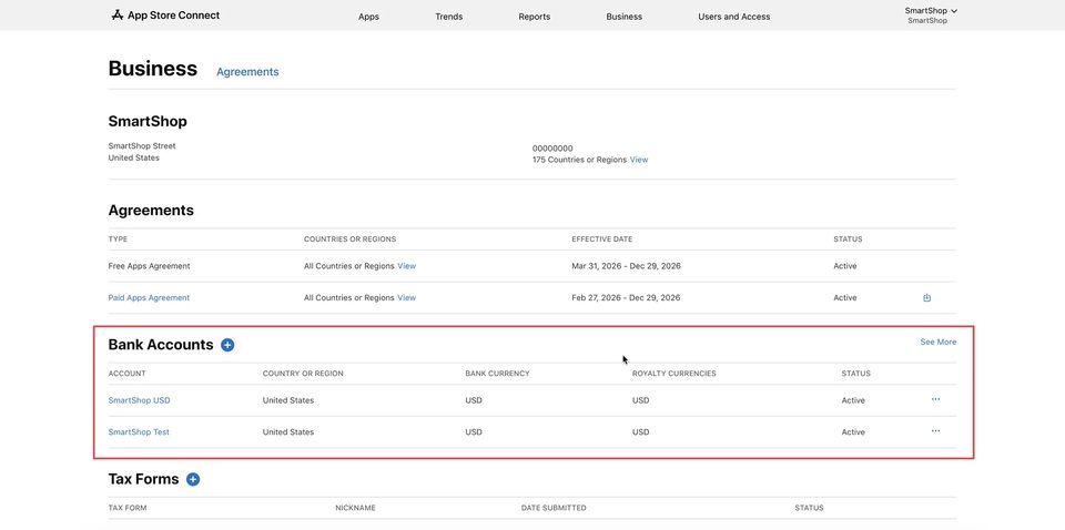 App Store Connect — новий рахунок у списку Bank Accounts